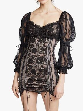 for love & lemons tati lace ruffle dress For Love & Lemons Tati Lace Mini Dress In Black